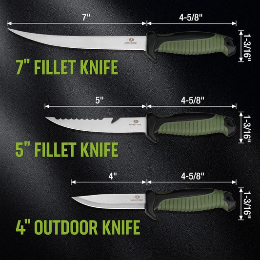 3PC Fillet Knife Set, Stainless Steel, Military Green | G4116 German Steel Blades, Non-Slip Ergonomic Handle, Protective Sheaths, Drainage Design, Fishing & Outdoor Ready