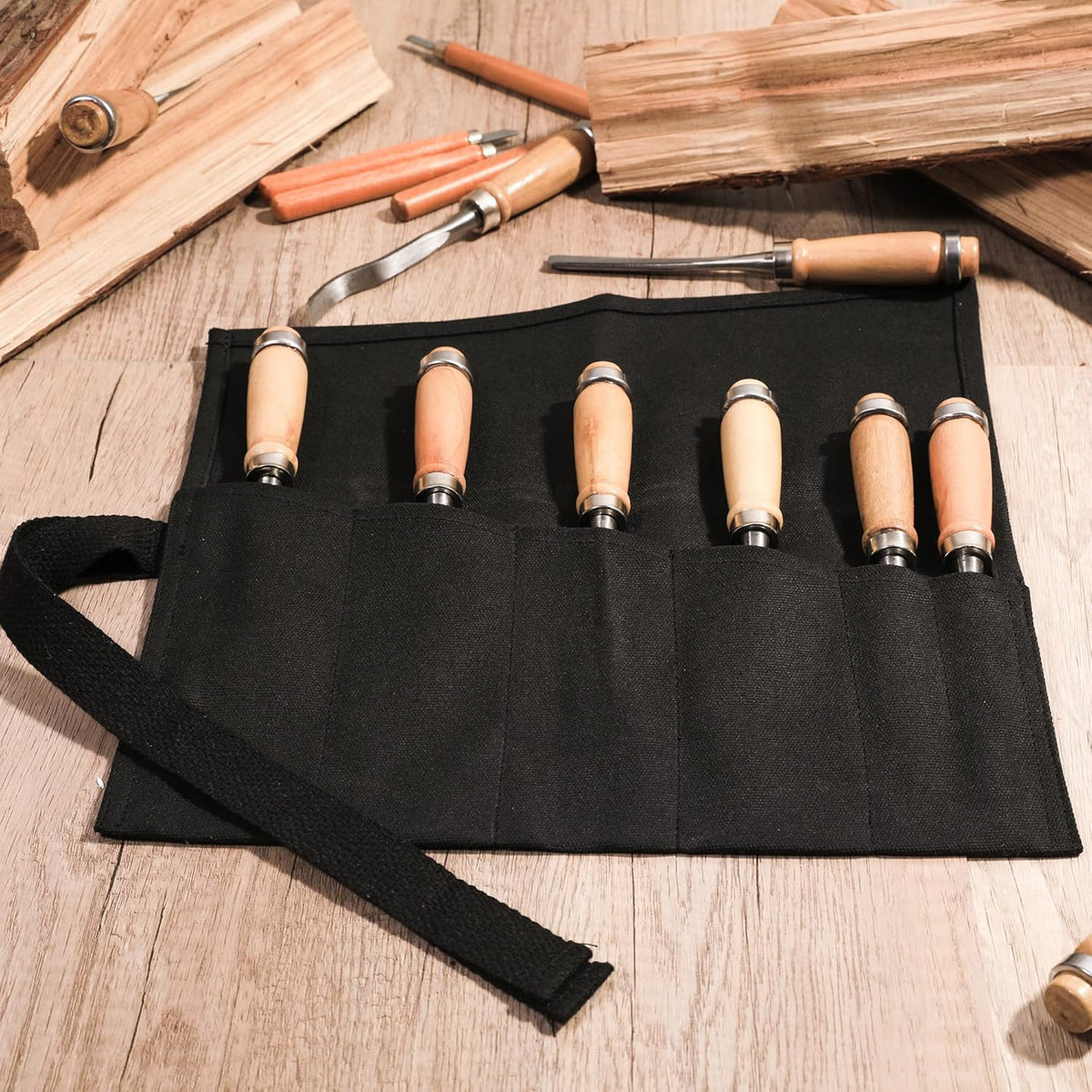 Tool Roll Up Bag with 6 Pockets,Waxed Canvas Wrench Roll Pouch for Chisels, Hammers, Fishing jigs, Carving Knife (Black)