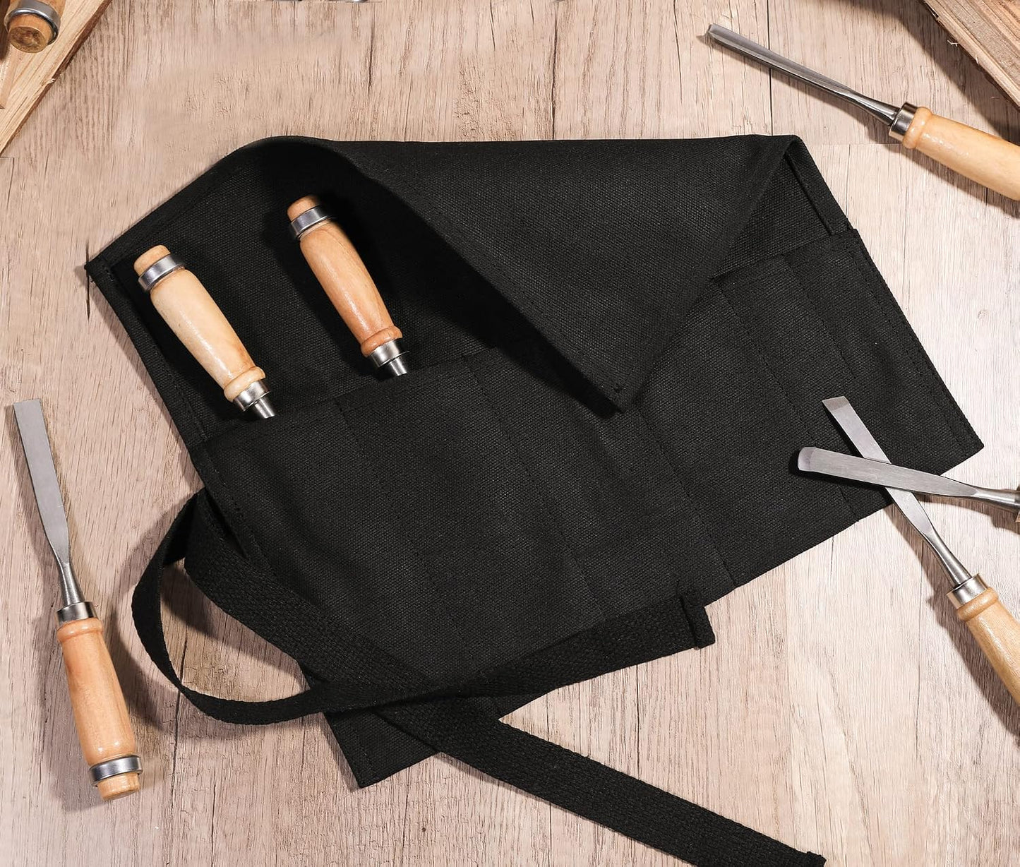 Tool Roll Up Bag with 6 Pockets,Waxed Canvas Wrench Roll Pouch for Chisels, Hammers, Fishing jigs, Carving Knife (Black)