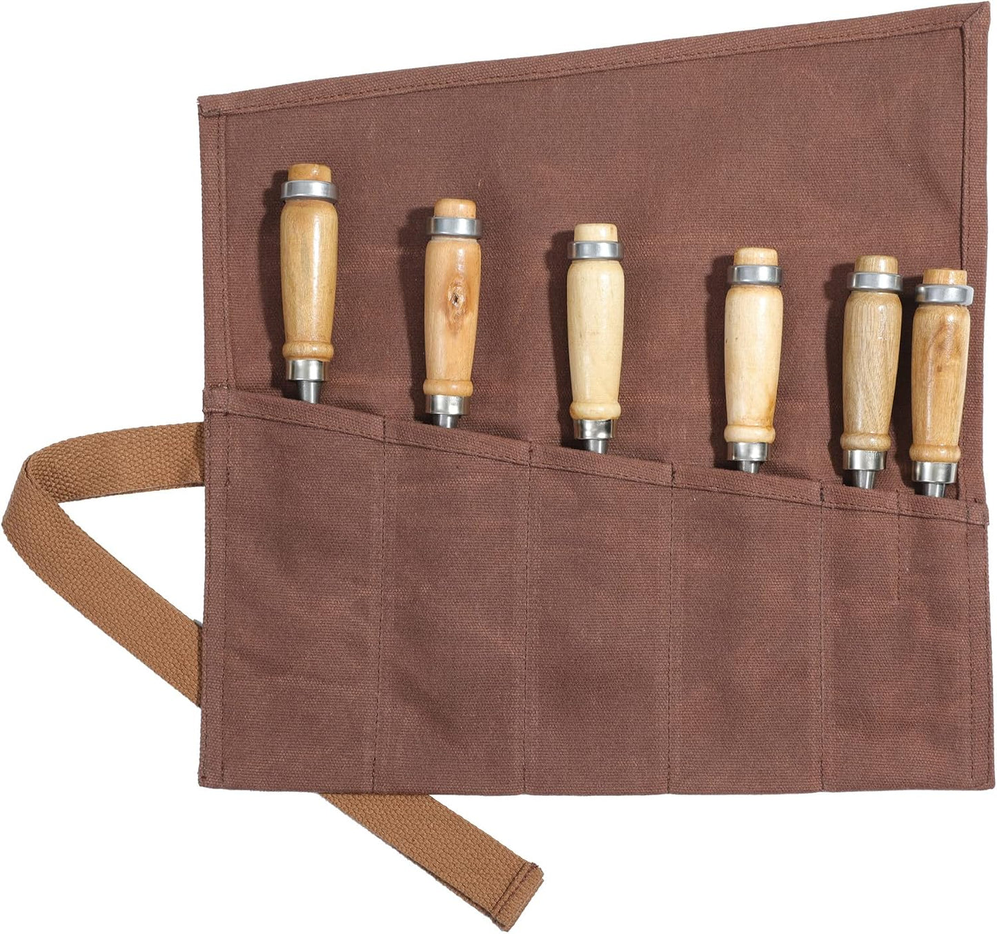 Tool Roll Up Bag with 6 Pockets,Waxed Canvas Wrench Roll Pouch for Chisels, Hammers, Fishing jigs, Carving Knife (Black)