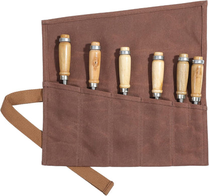 Tool Roll Up Bag with 6 Pockets,Waxed Canvas Wrench Roll Pouch for Chisels, Hammers, Fishing jigs, Carving Knife (Black)