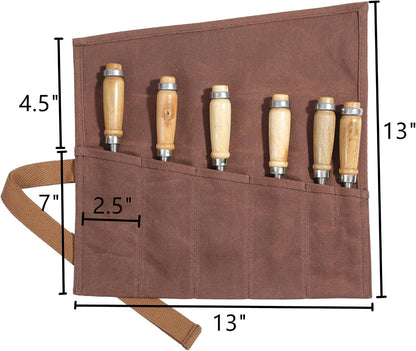 Tool Roll Up Bag with 6 Pockets,Waxed Canvas Wrench Roll Pouch for Chisels, Hammers, Fishing jigs, Carving Knife (Black)