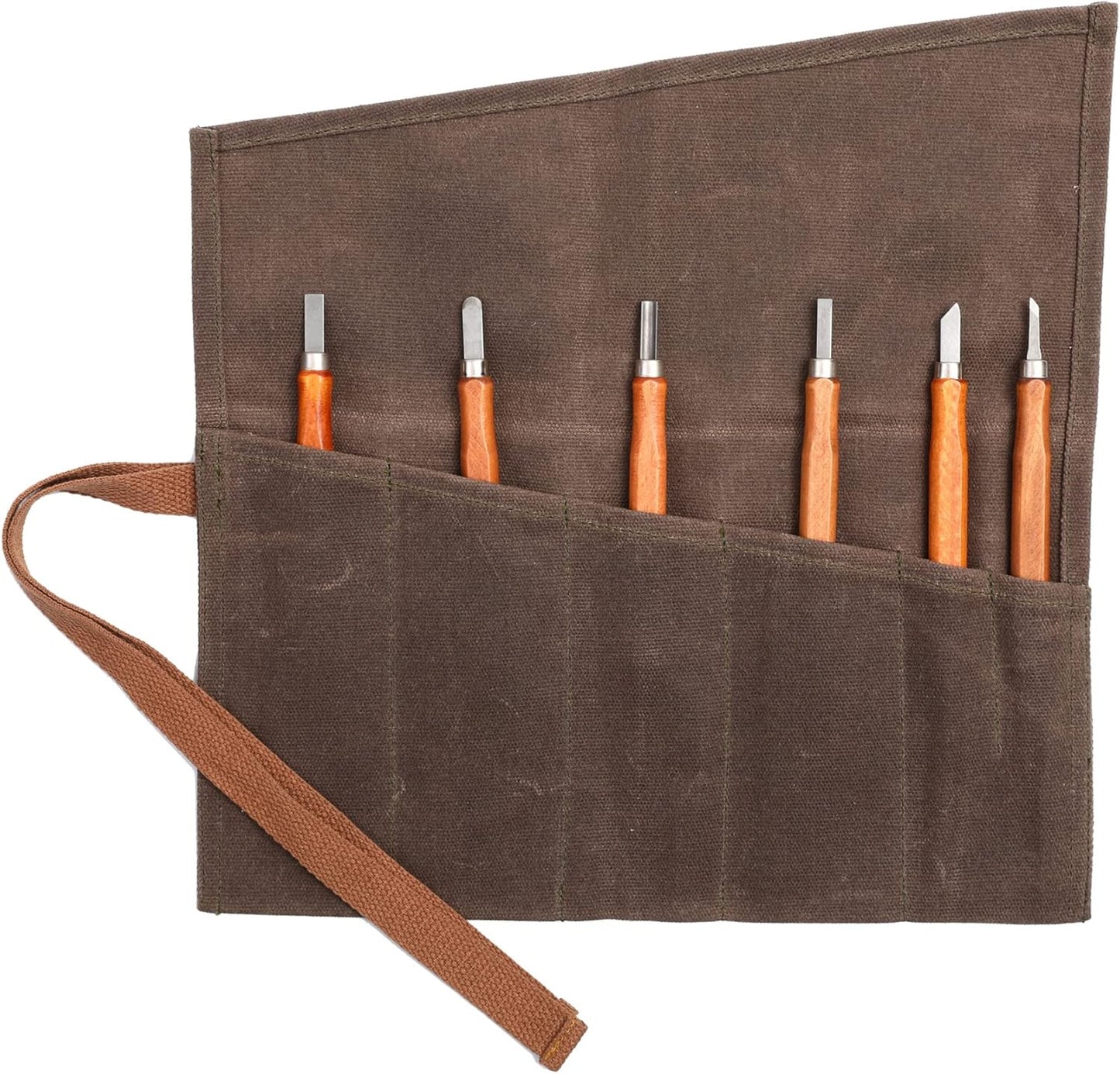Tool Roll Up Bag with 6 Pockets,Waxed Canvas Wrench Roll Pouch for Chisels, Hammers, Fishing jigs, Carving Knife (Black)