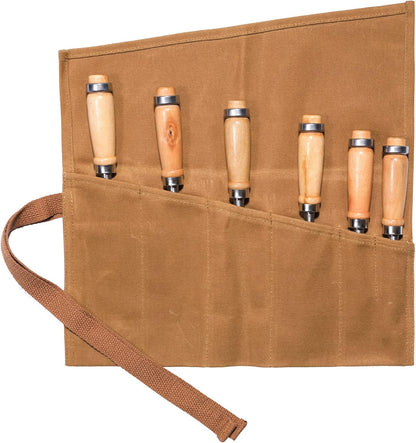 Tool Roll Up Bag with 6 Pockets,Waxed Canvas Wrench Roll Pouch for Chisels, Hammers, Fishing jigs, Carving Knife (Black)