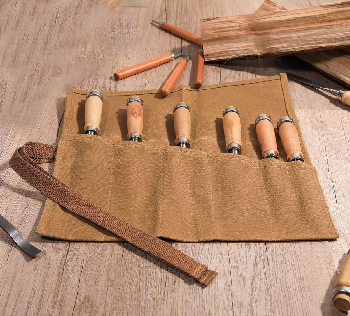 Tool Roll Up Bag with 6 Pockets,Waxed Canvas Wrench Roll Pouch for Chisels, Hammers, Fishing jigs, Carving Knife (Black)