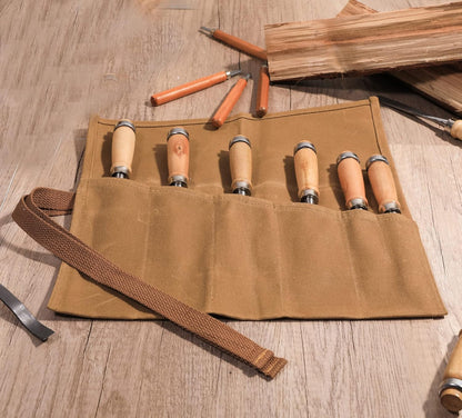 Tool Roll Up Bag with 6 Pockets,Waxed Canvas Wrench Roll Pouch for Chisels, Hammers, Fishing jigs, Carving Knife (Black)