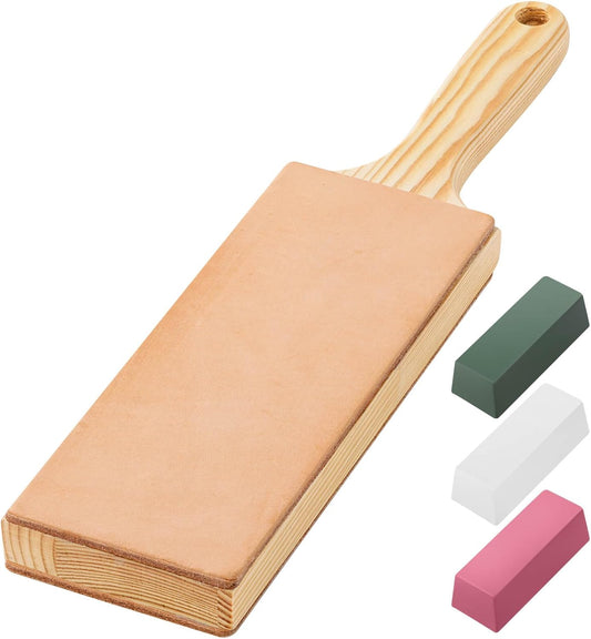 Oversize Double Sided Leather Strop Kit(3" Knife Stropping Leather）with Ergonomic Handle - Knife Strop for Sharpening Knives, Wood Carving Chisels, Buffing Compound Included