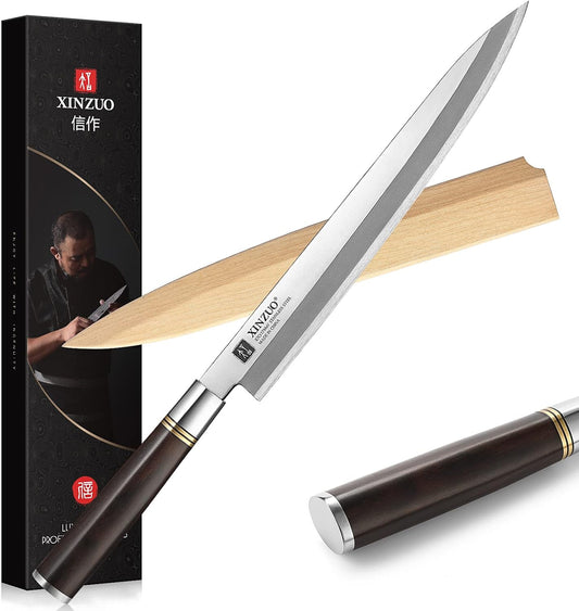 11 Inch Yanagiba Knife X7Cr17MoV Forged Steel, Sashimi Sushi Knife Stainless Steel, Single-edged Blade, Chef Knife for Fish Filleting,Slicing-Ebony Wood Handle-Betula Wooden Sheath