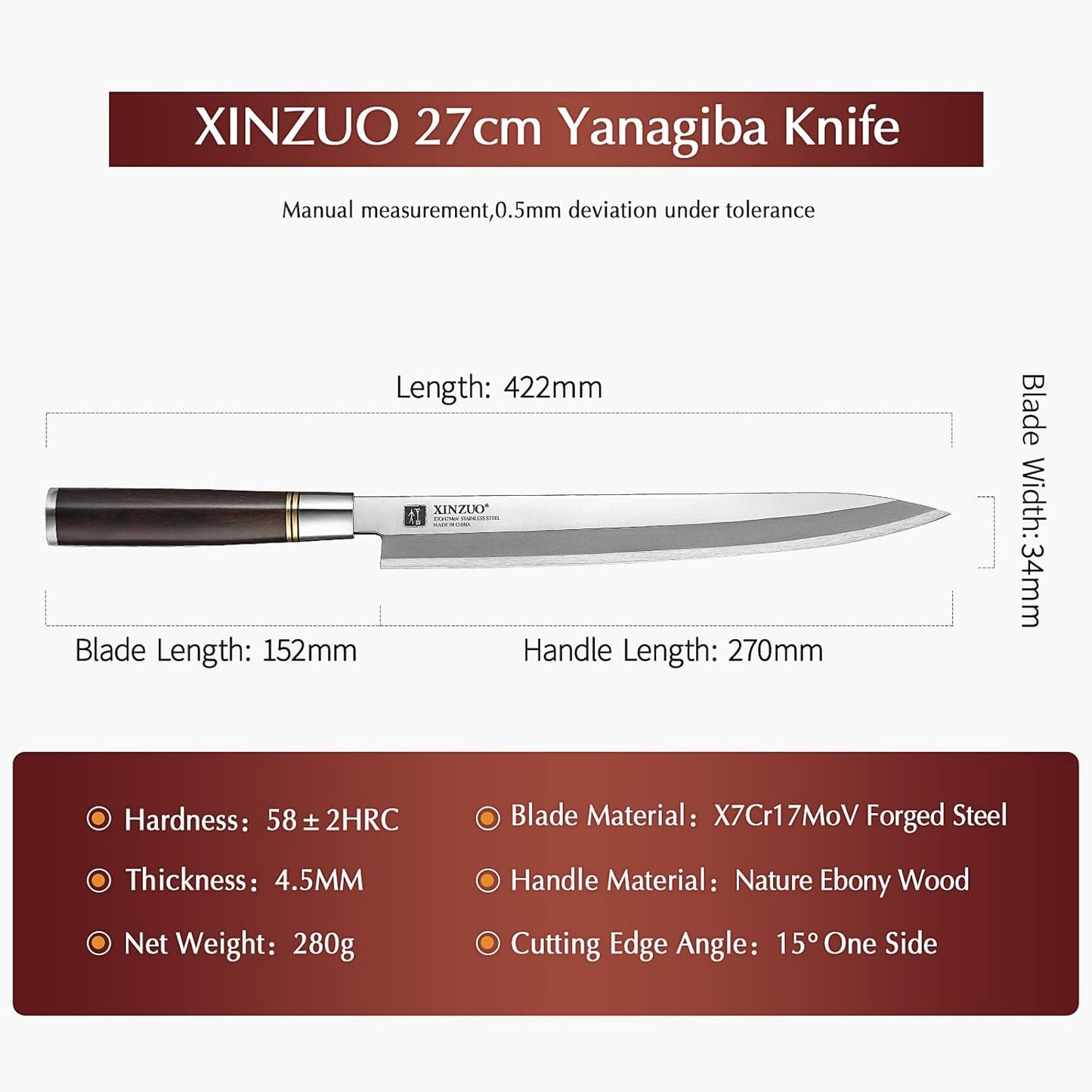 11 Inch Yanagiba Knife X7Cr17MoV Forged Steel, Sashimi Sushi Knife Stainless Steel, Single-edged Blade, Chef Knife for Fish Filleting,Slicing-Ebony Wood Handle-Betula Wooden Sheath