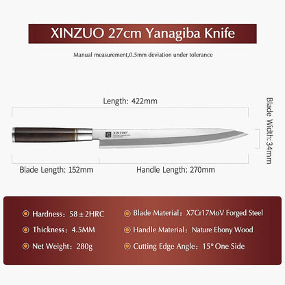 11 Inch Yanagiba Knife X7Cr17MoV Forged Steel, Sashimi Sushi Knife Stainless Steel, Single-edged Blade, Chef Knife for Fish Filleting,Slicing-Ebony Wood Handle-Betula Wooden Sheath