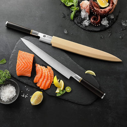 11 Inch Yanagiba Knife X7Cr17MoV Forged Steel, Sashimi Sushi Knife Stainless Steel, Single-edged Blade, Chef Knife for Fish Filleting,Slicing-Ebony Wood Handle-Betula Wooden Sheath