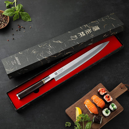 11 Inch Yanagiba Knife X7Cr17MoV Forged Steel, Sashimi Sushi Knife Stainless Steel, Single-edged Blade, Chef Knife for Fish Filleting,Slicing-Ebony Wood Handle-Betula Wooden Sheath