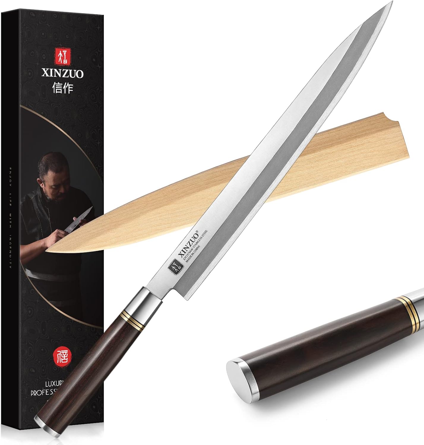 11 Inch Yanagiba Knife X7Cr17MoV Forged Steel, Sashimi Sushi Knife Stainless Steel, Single-edged Blade, Chef Knife for Fish Filleting,Slicing-Ebony Wood Handle-Betula Wooden Sheath