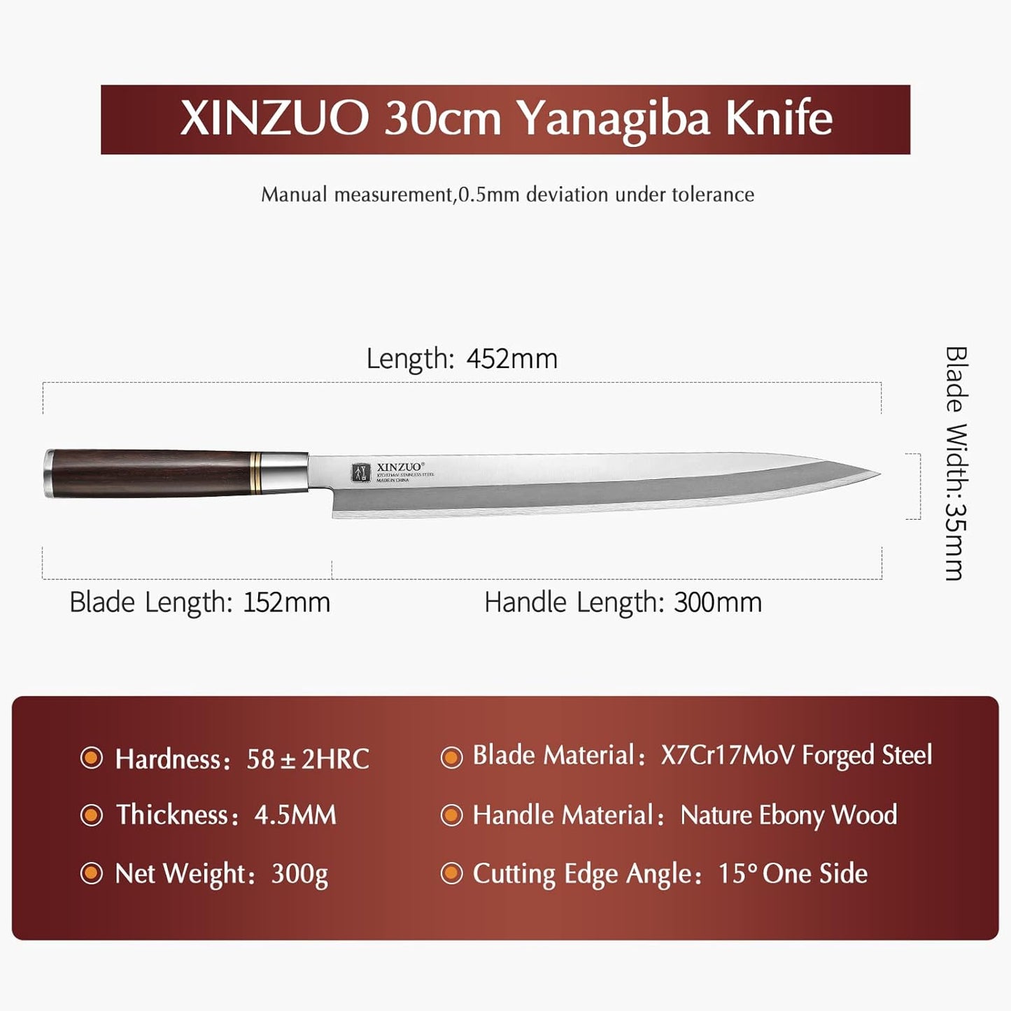 11 Inch Yanagiba Knife X7Cr17MoV Forged Steel, Sashimi Sushi Knife Stainless Steel, Single-edged Blade, Chef Knife for Fish Filleting,Slicing-Ebony Wood Handle-Betula Wooden Sheath