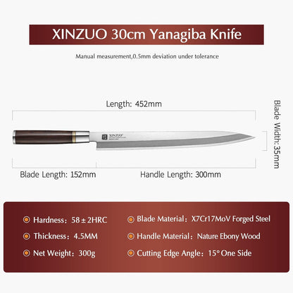 11 Inch Yanagiba Knife X7Cr17MoV Forged Steel, Sashimi Sushi Knife Stainless Steel, Single-edged Blade, Chef Knife for Fish Filleting,Slicing-Ebony Wood Handle-Betula Wooden Sheath
