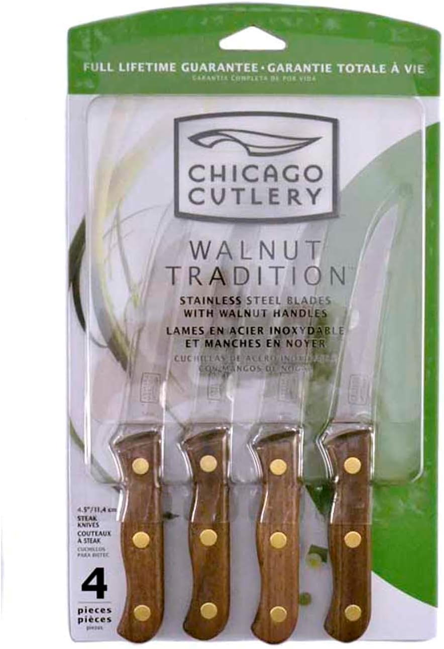 B144 4-Piece Walnut Tradition Steak Knife Set (2-Pack) | Serrated Cutting Edges | Balanced Hand Feel | Classic Wood Grip | Dining Essential Set | Durable Metal Build