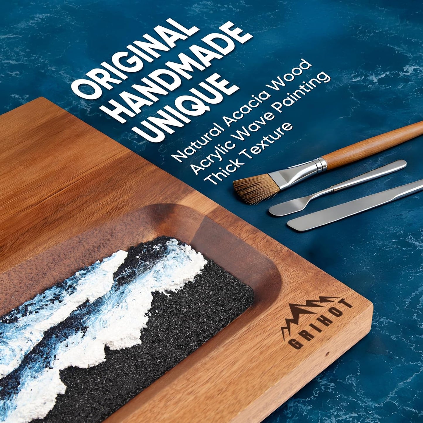 Double Sided Magnetic Knife Block without Knives | Easy Access, With Hand-Painted Abstract Painting, Easy to Clean, Freestanding, 100% Acacia Wood, Holds around 10 Knives