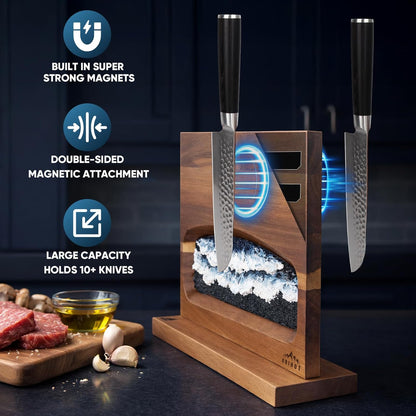 Double Sided Magnetic Knife Block without Knives | Easy Access, With Hand-Painted Abstract Painting, Easy to Clean, Freestanding, 100% Acacia Wood, Holds around 10 Knives