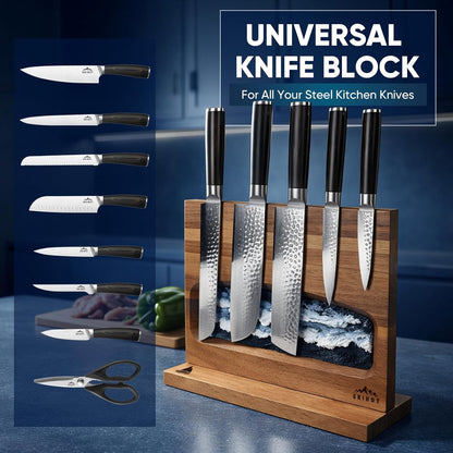 Double Sided Magnetic Knife Block without Knives | Easy Access, With Hand-Painted Abstract Painting, Easy to Clean, Freestanding, 100% Acacia Wood, Holds around 10 Knives