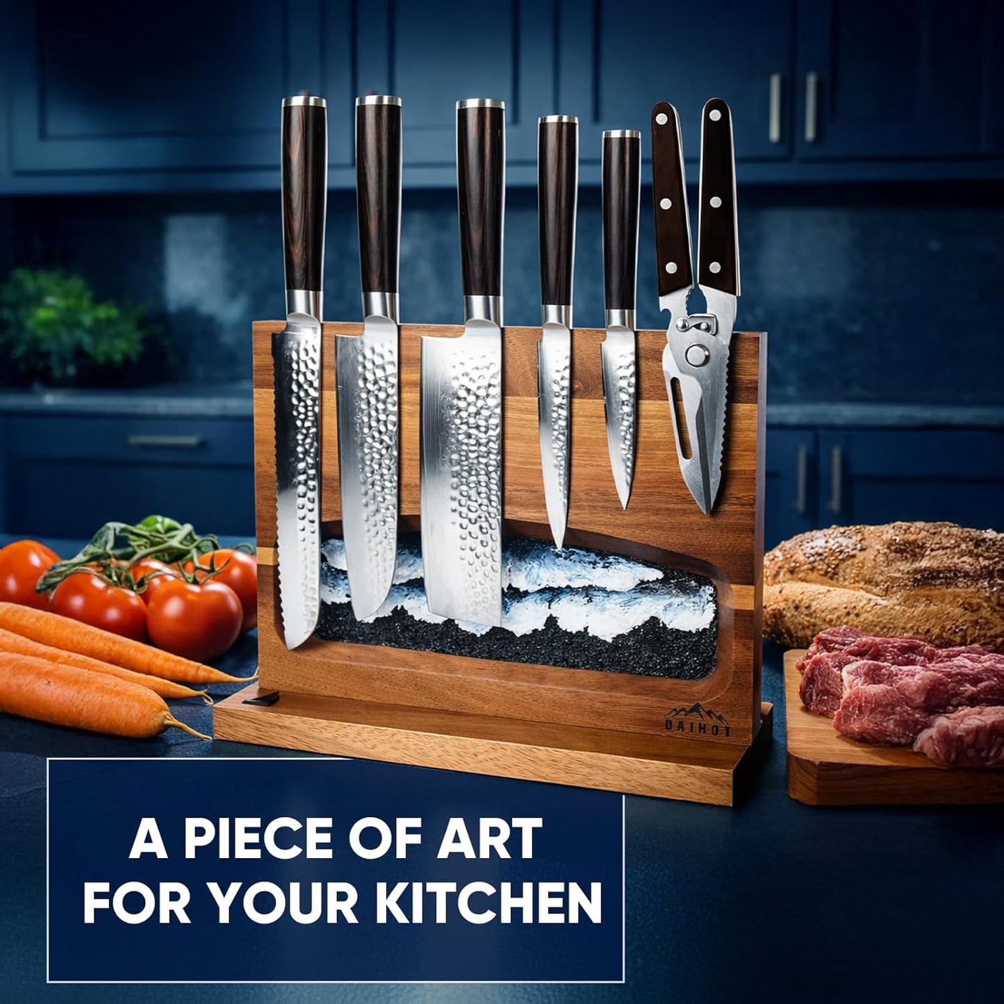 Double Sided Magnetic Knife Block without Knives | Easy Access, With Hand-Painted Abstract Painting, Easy to Clean, Freestanding, 100% Acacia Wood, Holds around 10 Knives