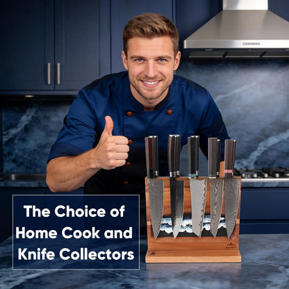 Double Sided Magnetic Knife Block without Knives | Easy Access, With Hand-Painted Abstract Painting, Easy to Clean, Freestanding, 100% Acacia Wood, Holds around 10 Knives