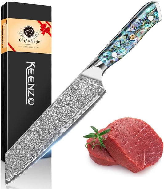 Damascus Kiritsuke Knife 8 inch, Professional Chef Knife, Sharp Hand-Forged Kitchen Knives,Japanese 67-Layers Damascus Steel Cooking Knife,Ergonomic Abalone Shell Ressin Handle with Gift Box
