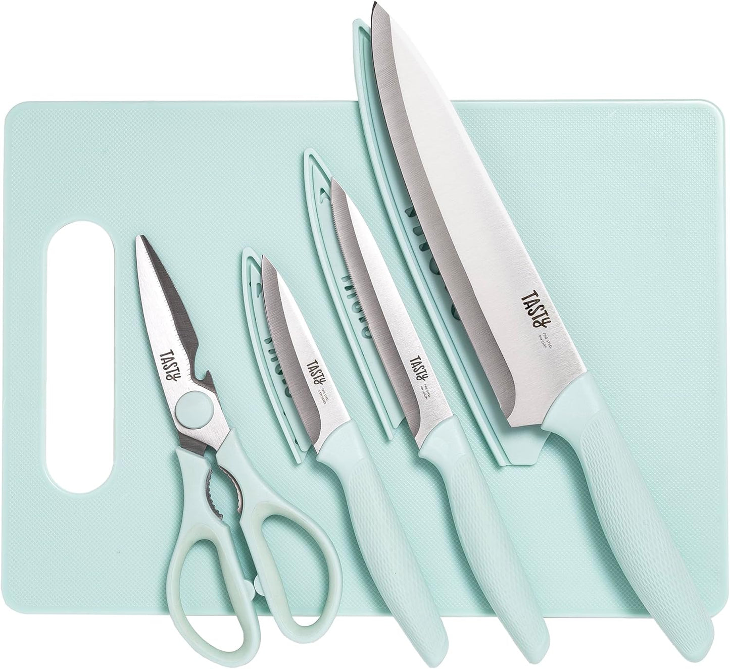 5-Piece Cutlery & Cutting Board Set, High-Carbon Stainless Steel Knives with Soft Grip Handles, Reversible Cutting Board for Chopping & Serving, Aqua