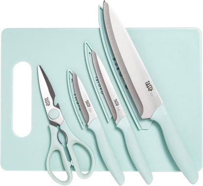 5-Piece Cutlery & Cutting Board Set, High-Carbon Stainless Steel Knives with Soft Grip Handles, Reversible Cutting Board for Chopping & Serving, Aqua