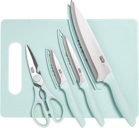 5-Piece Cutlery & Cutting Board Set, High-Carbon Stainless Steel Knives with Soft Grip Handles, Reversible Cutting Board for Chopping & Serving, Aqua