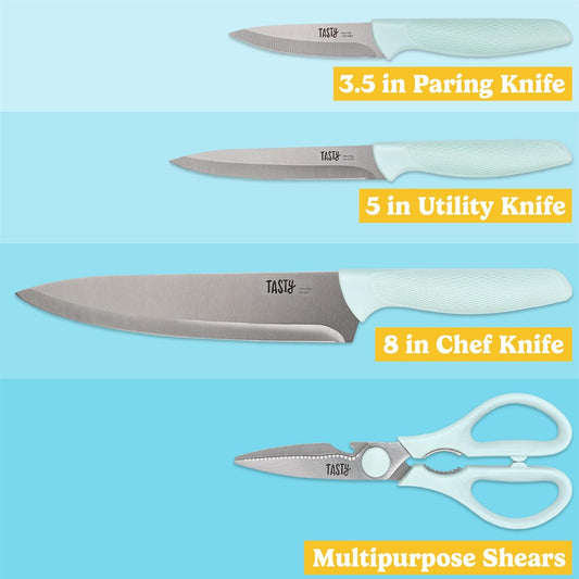 5-Piece Cutlery & Cutting Board Set, High-Carbon Stainless Steel Knives with Soft Grip Handles, Reversible Cutting Board for Chopping & Serving, Aqua