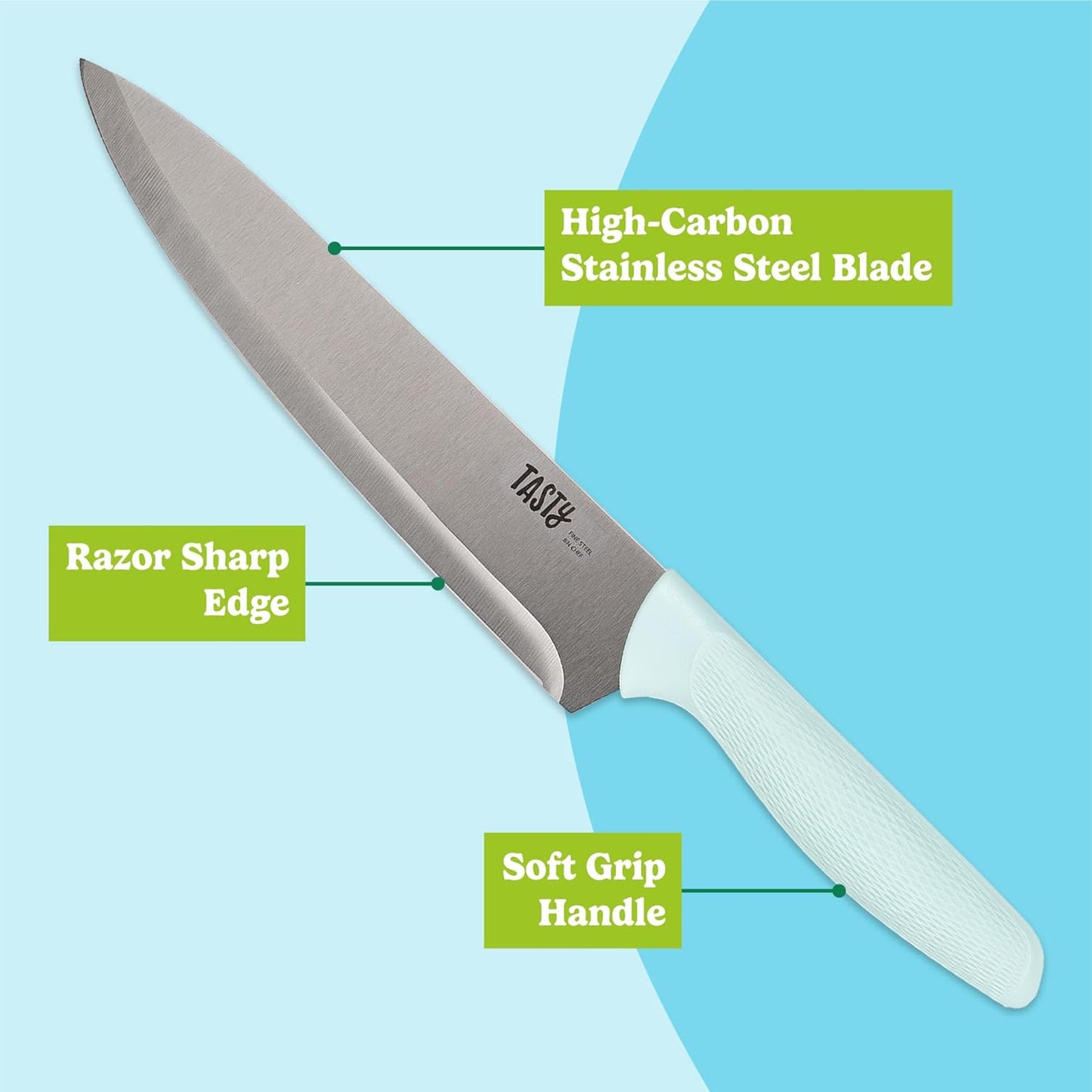 5-Piece Cutlery & Cutting Board Set, High-Carbon Stainless Steel Knives with Soft Grip Handles, Reversible Cutting Board for Chopping & Serving, Aqua