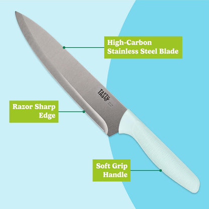 5-Piece Cutlery & Cutting Board Set, High-Carbon Stainless Steel Knives with Soft Grip Handles, Reversible Cutting Board for Chopping & Serving, Aqua