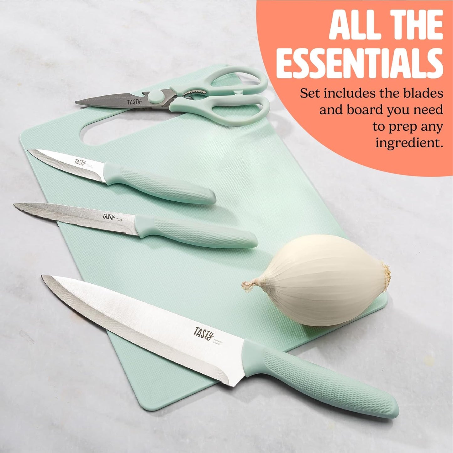 5-Piece Cutlery & Cutting Board Set, High-Carbon Stainless Steel Knives with Soft Grip Handles, Reversible Cutting Board for Chopping & Serving, Aqua