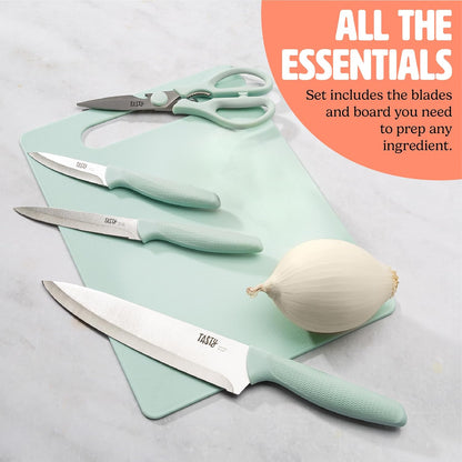 5-Piece Cutlery & Cutting Board Set, High-Carbon Stainless Steel Knives with Soft Grip Handles, Reversible Cutting Board for Chopping & Serving, Aqua