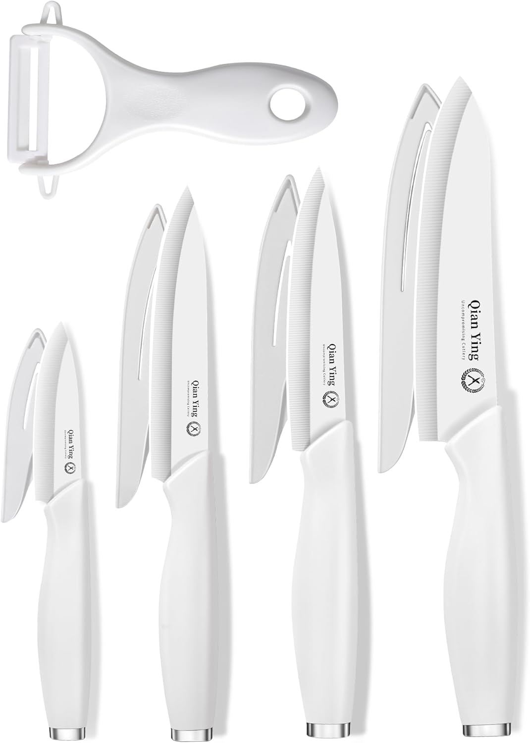 Pure Strengthening Ceramic Knife Set for Kitchen with Sheath 9Pcs: 100% Zirconia Ceramic Sharp Blade Fruit Cutting Knives with Cover Rustproof Clean Cut Edge White Handle