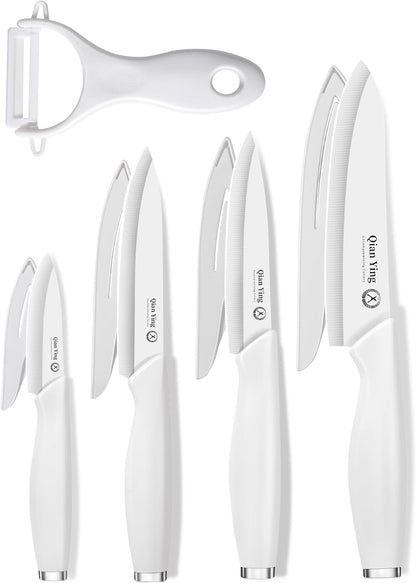 Pure Strengthening Ceramic Knife Set for Kitchen with Sheath 9Pcs: 100% Zirconia Ceramic Sharp Blade Fruit Cutting Knives with Cover Rustproof Clean Cut Edge White Handle