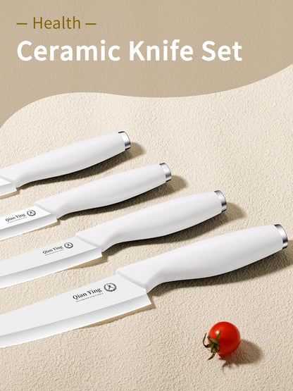 Pure Strengthening Ceramic Knife Set for Kitchen with Sheath 9Pcs: 100% Zirconia Ceramic Sharp Blade Fruit Cutting Knives with Cover Rustproof Clean Cut Edge White Handle