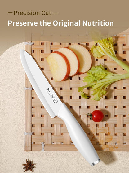 Pure Strengthening Ceramic Knife Set for Kitchen with Sheath 9Pcs: 100% Zirconia Ceramic Sharp Blade Fruit Cutting Knives with Cover Rustproof Clean Cut Edge White Handle