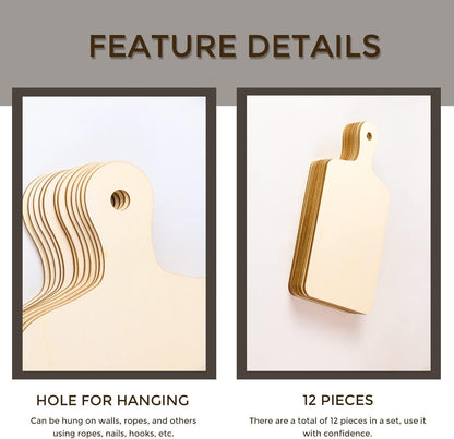 12 PCS Wooden Mini Cutting Board with Handle,Rectangle Unfinished Wood Craft Paddle Serving Tray Chopping Board Cutout for DIY Thanksgiving Christmas Home Kitchen Fruit Decor (11.8 x 6.3 Inch)