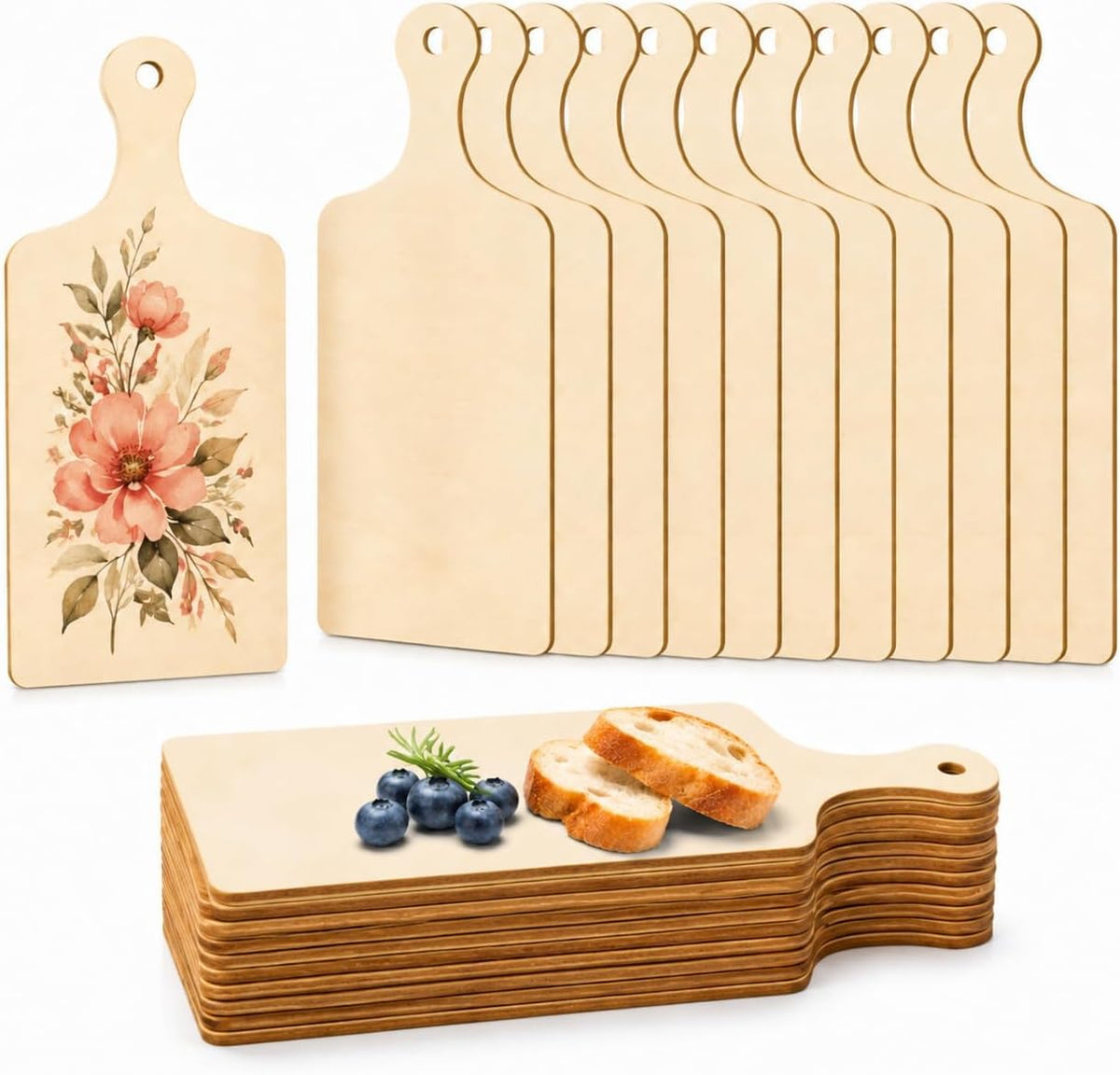12 PCS Wooden Mini Cutting Board with Handle,Rectangle Unfinished Wood Craft Paddle Serving Tray Chopping Board Cutout for DIY Thanksgiving Christmas Home Kitchen Fruit Decor (11.8 x 6.3 Inch)