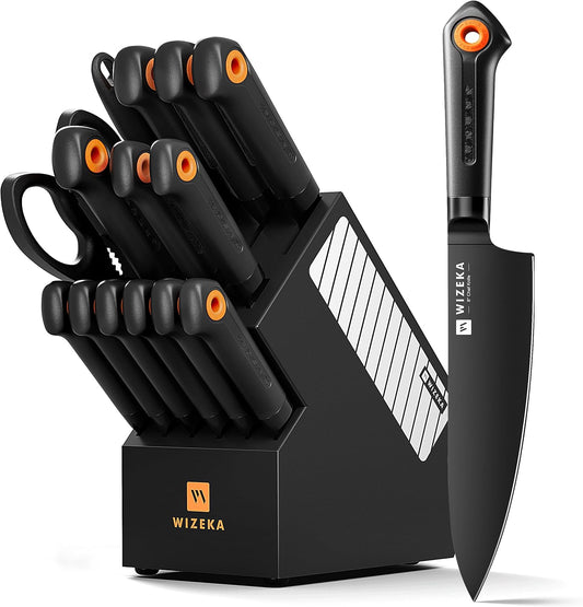 15-Piece Kitchen Knife Set with Block, Dishwasher Safe, Razor-Sharp | Cut with Ease, German Stainless Steel, Anti-rust Coating, Ergonomic Handle, Long-lasting Edge, Block and Sharpener Included