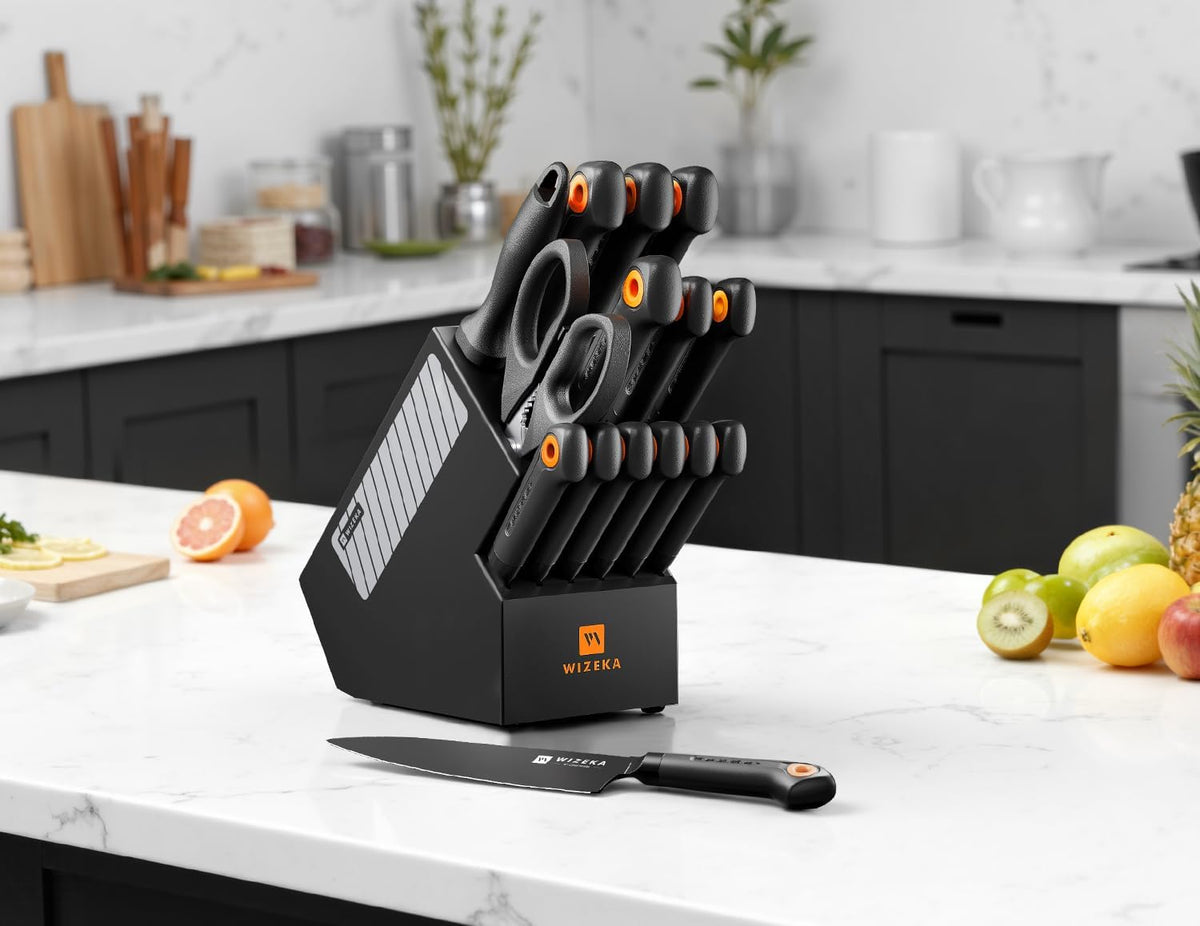 15-Piece Kitchen Knife Set with Block, Dishwasher Safe, Razor-Sharp | Cut with Ease, German Stainless Steel, Anti-rust Coating, Ergonomic Handle, Long-lasting Edge, Block and Sharpener Included