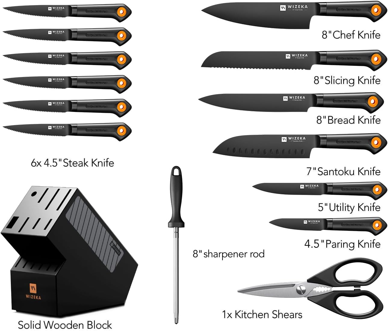 15-Piece Kitchen Knife Set with Block, Dishwasher Safe, Razor-Sharp | Cut with Ease, German Stainless Steel, Anti-rust Coating, Ergonomic Handle, Long-lasting Edge, Block and Sharpener Included