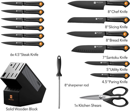15-Piece Kitchen Knife Set with Block, Dishwasher Safe, Razor-Sharp | Cut with Ease, German Stainless Steel, Anti-rust Coating, Ergonomic Handle, Long-lasting Edge, Block and Sharpener Included