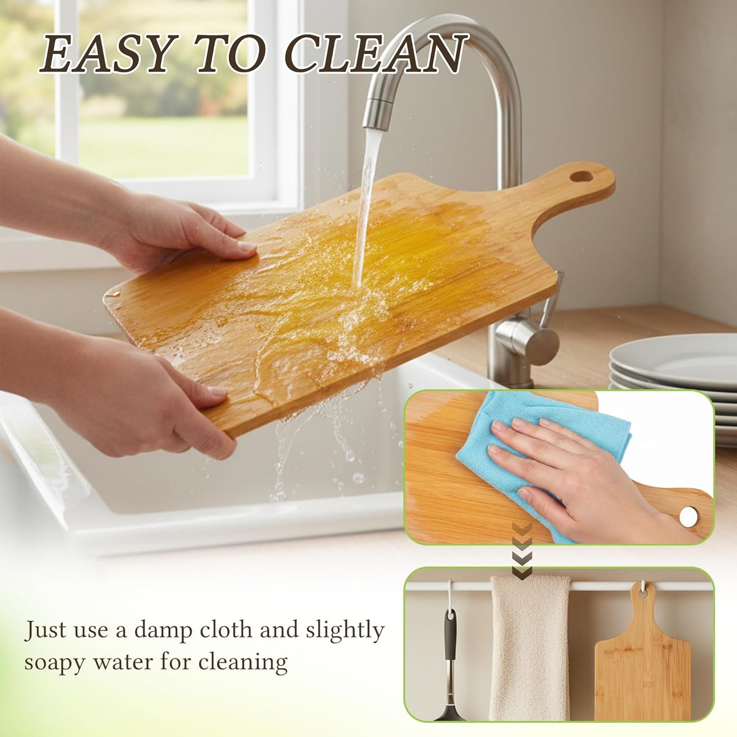 Bamboo Cutting Board Set of 3 with Handle, Wooden Cutting Boards for Kitchen, Bamboo Chopping Board Set for Meat, Vegetables, Fruit and Bread