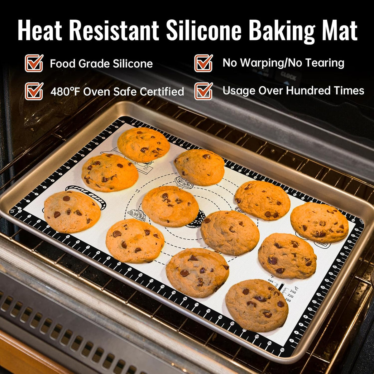 Silicone Baking Mat with 10 Recipes, Extra Thick Silicone Mats for Baking, Non Stick Pastry Mat,Reusable kneading Dough Rolling Mat for Cookie, Macaron, Bread, Pizza Black 26X16 INCH