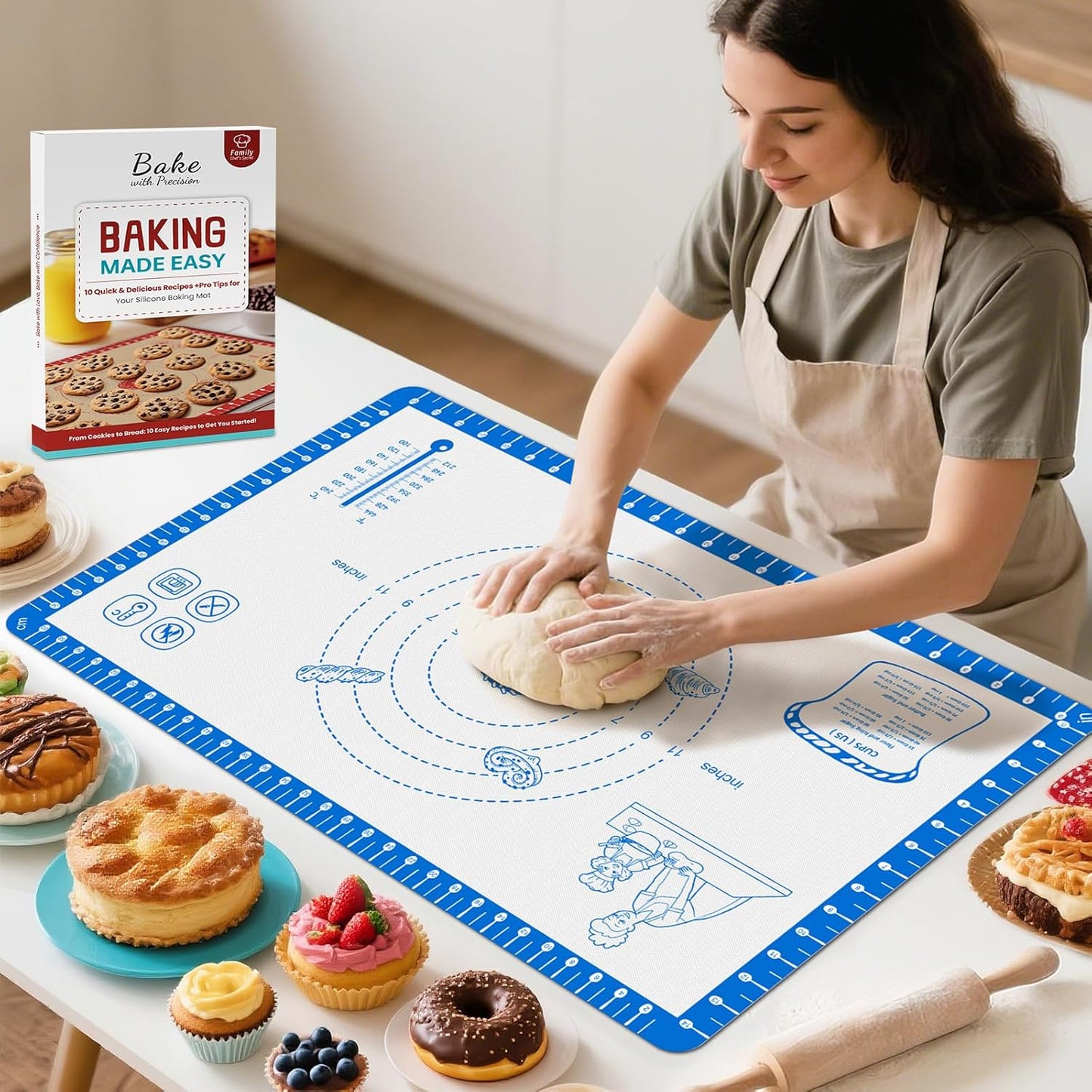 Silicone Baking Mat with 10 Recipes, Extra Thick Silicone Mats for Baking, Non Stick Pastry Mat,Reusable kneading Dough Rolling Mat for Cookie, Macaron, Bread, Pizza Black 26X16 INCH