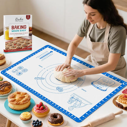 Silicone Baking Mat with 10 Recipes, Extra Thick Silicone Mats for Baking, Non Stick Pastry Mat,Reusable kneading Dough Rolling Mat for Cookie, Macaron, Bread, Pizza Black 26X16 INCH