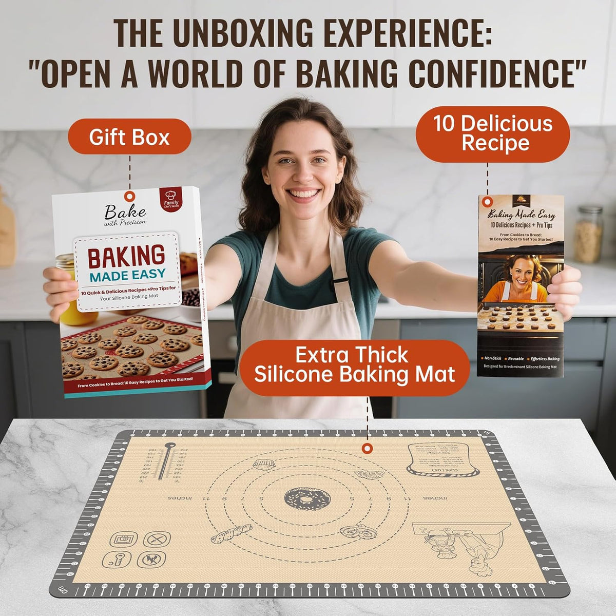 Silicone Baking Mat with 10 Recipes, Extra Thick Silicone Mats for Baking, Non Stick Pastry Mat,Reusable kneading Dough Rolling Mat for Cookie, Macaron, Bread, Pizza Black 26X16 INCH