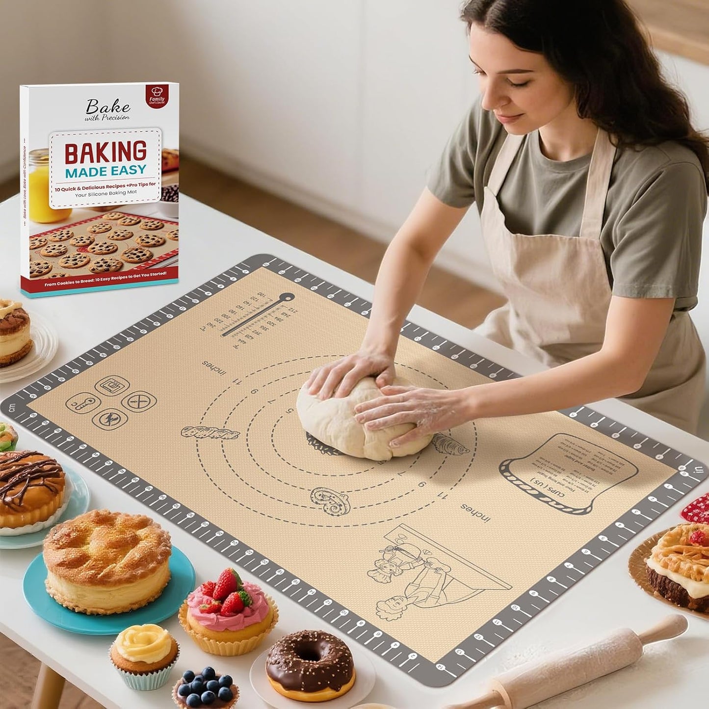 Silicone Baking Mat with 10 Recipes, Extra Thick Silicone Mats for Baking, Non Stick Pastry Mat,Reusable kneading Dough Rolling Mat for Cookie, Macaron, Bread, Pizza Black 26X16 INCH